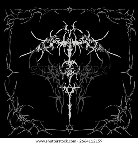 Neo tribal cyber sigilism vector with symmetrical shapes and intricate gothic frame, ideal for dark art, tattoos, and wall art