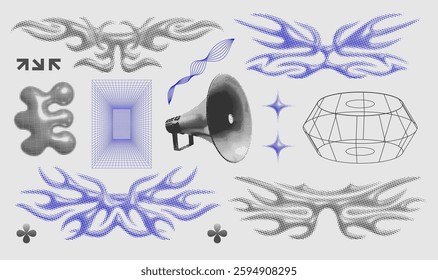 Neo tribal or cybersigilsm design set 3d halftine shape collection for graphic design or tattoo etc. Neo brutalism vector elements set