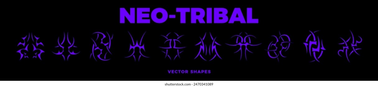 Neo tribal design elements collection. Gothic style shapes pack. Y2K shapes for streetwear, album covers, tattoo, techno rave party, etc. Set of acid neo tribal elements. Abstract vector Y2K signs.