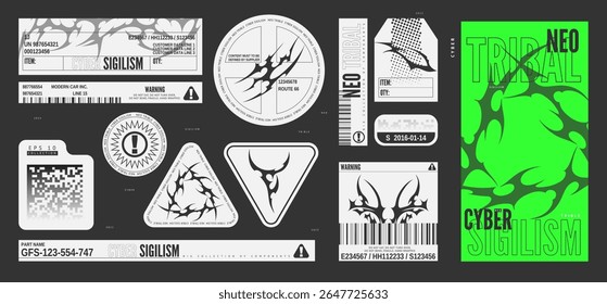 Neo tribal designs vector set. Cyber sigilism ticket, label, sticker, poser, tag templates. Gothic abstract horns pattern, ornament swirl sharp shapes. Y2K aesthetic of 90s