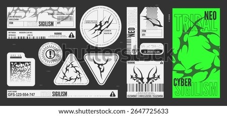 Neo tribal designs vector set. Cyber sigilism ticket, label, sticker, poser, tag templates. Gothic abstract horns pattern, ornament swirl sharp shapes. Y2K aesthetic of 90s