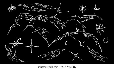 Neo tribal element, cyber gothic abstract black and white pattern, cyber sigilism hand drawn vector design isolated on white background