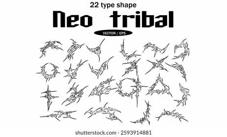 Neo tribal element vector set, cyber gothic abstract black pattern, cyber sigilism hand drawn outline design isolated for tattoo, and streetwear prints