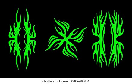 Neo tribal elements set, Celtic patterns reimagined in a modern gothic style, cyber sigilism. Acid Neo-tribal tattoo, maori style. Vector illustration for streetwear, merch, t-shirt.