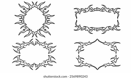 Neo tribal fire frames vector set. gothic style shape, hand drawn abstract borders. Cyber sigilism black white design elements. Celtic gothic ornaments