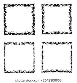 Conjunto de quadros Neo Tribal. Elementos cibersigilismo, estilo gótico Y2K com pontas afiadas em formas retangulares em um fundo preto e branco. Vetor.