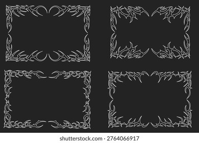 Neo tribal frame set with cyber sigilism, gothic Y2K style, sharp thorn spikes forming sphere and rectangular shapes, suitable for t-shirt, tattoo, poster, logo, and background designs.