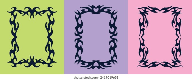 Neo Tribal Frames Set. Y2K Tattoo Borders. Vector Gothic Acid Rectangle Shapes in Cyberpunk 2000s Style for Poster, T shirt Print, Stickers, Web Design, Social Media