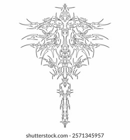 Neo tribal gothic tattoo vector y2k cyber symmetry sword shapes concept, dark sharp roots branched. Metal music cover print, grunge tshirt apparel decoration