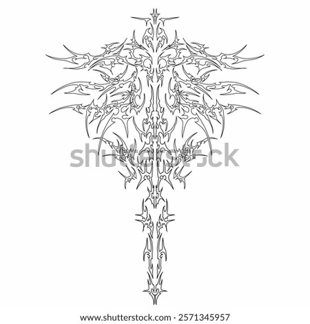Neo tribal gothic tattoo vector y2k cyber symmetry sword shapes concept, dark sharp roots branched. Metal music cover print, grunge tshirt apparel decoration