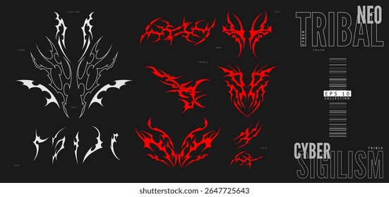 Neo tribal green elements collection vector set. Cyber sigilism pack design. Symmetry ornament swirl demon wings sharp shapes. Gothic abstract red and white pattern. Y2K aesthetic print