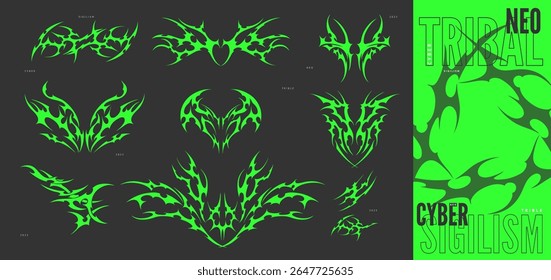 Neo tribal green elements vector set. Cyber sigilism hand drawn silhouette pack design. Symmetry ornament swirl demon wings sharp shapes. Gothic abstract green pattern Maori style. Y2K aesthetic print