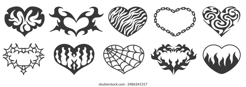 Neo tribal heart tattoo shapes. Hot flame hearts, chain of love, spider web and spiked heart symbols. Gothic Y2K romantic stickers vector set. Abstract goth punk hearted decoration.