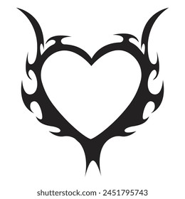 Neo tribal heart y2k aesthetic tattoo gothic cover, fire or wings abstract silhouette isolated on background. Divider, border, cyber body ornament, neotribal web goth decoration