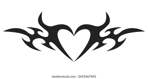 Neo tribal heart y2k aesthetic tattoo gothic cover, fire or wings abstract silhouette isolated on background. Divider, border, cyber body ornament, neotribal web goth decoration