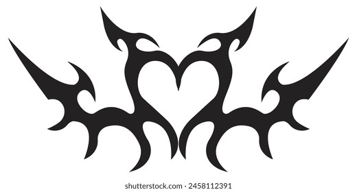 Neo tribal heart y2k aesthetic tattoo gothic cover, fire or wings abstract silhouette isolated on background. Divider, border, cyber body ornament, neotribal web goth decoration