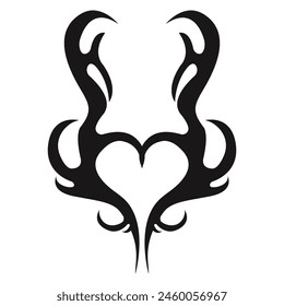 Neo tribal heart y2k aesthetic tattoo gothic cover, fire or wings abstract silhouette isolated on background. Divider, border, cyber body ornament, neotribal web goth decoration