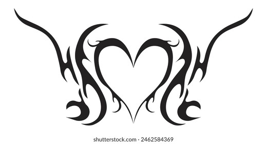 Neo corazón tribal y2k estética tatuaje gótico cubierta, fuego o alas silueta abstracta aislada en el fondo. Divisor, borde, ornamento del cuerpo cibernético, decoración goth del Web neotribal