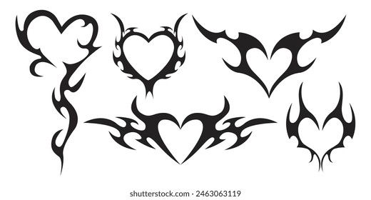 Neo corazón tribal y2k estética tatuaje gótico cubierta, fuego o alas silueta abstracta aislada en el fondo. Divisor, borde, ornamento del cuerpo cibernético, decoración goth del Web neotribal