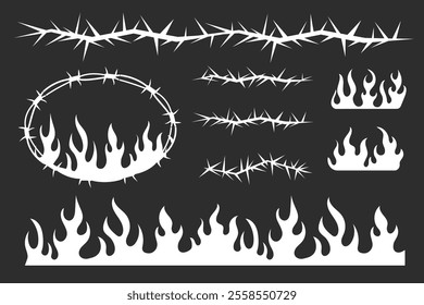 Neo tribal pink emo borders, barb wire and flame y2k aesthetic tattoo gothic, fire abstract silhouette isolated on background. Divider, border, cyber body ornament, neotribal web goth decoration