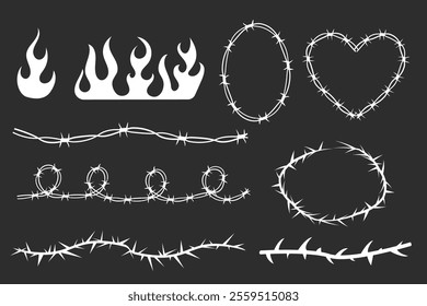 Neo tribal pink emo borders, barb wire and flame y2k aesthetic tattoo gothic, fire abstract silhouette isolated on background. Divider, border, cyber body ornament, neotribal web goth decoration