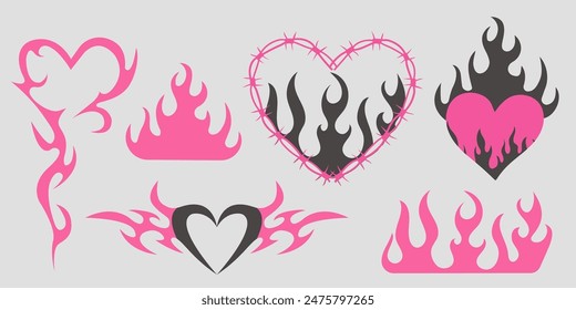 Neo tribal pink emo heart, wings and flame y2k aesthetic tattoo gothic, fire or wings abstract silhouette isolated on background. Divider, border, cyber body ornament, neotribal web goth decoration