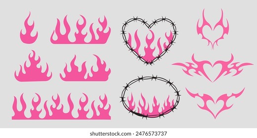 Neo tribal pink emo heart, wings and flame y2k aesthetic tattoo gothic, fire or wings abstract silhouette isolated on background. Divider, border, cyber body ornament, neotribal web goth decoration