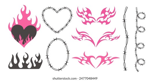 Neo tribal pink emo heart, wings and flame y2k aesthetic tattoo gothic, fire or wings abstract silhouette isolated on background. Divider, border, cyber body ornament, neotribal web goth decoration