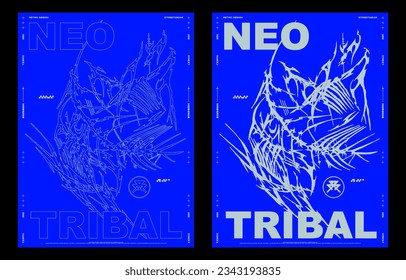 Neo tribal poster. Gothic Cyber sigilism shape with sharp bones and spikes. Modern print for street fashion, vector tattoo