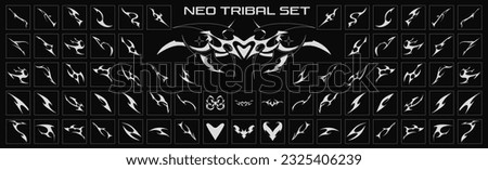 Neo tribal shape. Gothic Y2K sharp elements, abstract symmetrical design, various decorative elements. Vector set