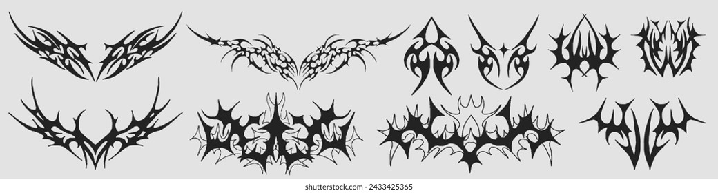 Neo Tribal Shapes Collection. Set Of Y2k Cyber Sigilism Tattoo Gothic Patterns Vector Design. Streetwear Print Graphic.