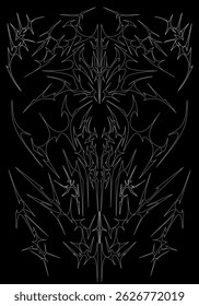 Neo tribal shapes, cyber gothic abstract black and white pattern, cyber sigilism symmetrical vector design