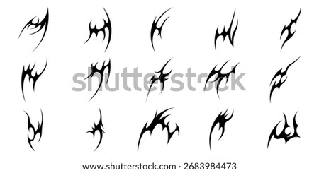 Neo tribal shapes. Y2K sharp elements, Tribal tattoo, abstract symmetrical design, various decorative elements. Vector illustration