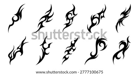 Neo tribal shapes. Y2K sharp elements, Tribal tattoo, abstract symmetrical design, various decorative elements. Vector illustration