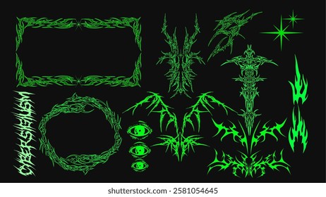 neo tribal sigilism with cyber gothic and grunge Y2K aesthetics. Sharp, glowing green designs on black background, perfect for dark futuristic themes, apparel, and digital art