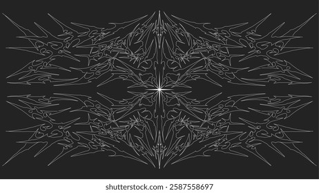 Neo tribal sigilism symmetrical shapes, cyber gothic element grunge y2k ornamental vector design on dark background