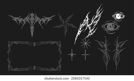 Neo tribal sigilism vector set with gothic Y2K border, abstract stars, tattoo elements. Ideal for metal covers, grunge apparel, surreal designs, edgy t-shirt and poster