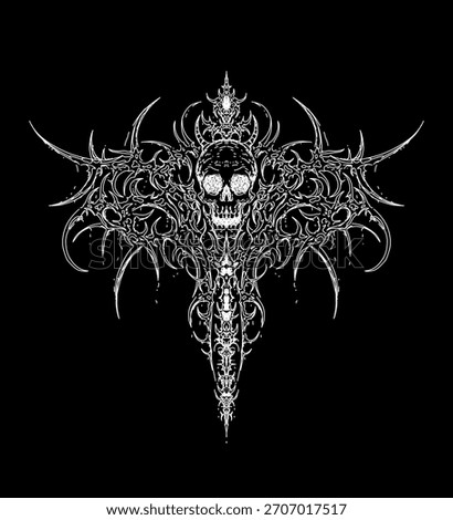 neo tribal skull with wings vector design for tattoo, gothic streetwear dark apparel