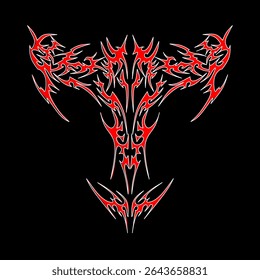 Neo tribal symbol with sharp symmetrical red flames and futuristic gothic accents, perfect for tattoos, streetwear, or dark digital art concepts.