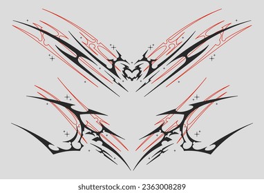 Neo Tribal symmetrical shapes. Cyber sigilism elements, gothic y2k sharp spikes with bones. Vector shape set