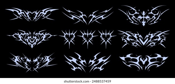 Neo Tribal symmetrical shapes. Cyber sigilism elements, succubus womb tattoo, demon heart sigil, gothic y2k sharp spikes graphic. Vector shape set	
