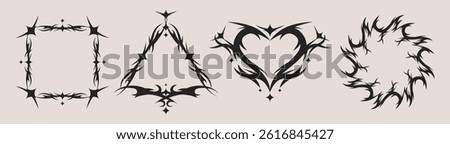 Neo tribal tattoo frames set isolated on background. Vector realistic illustration of gothic square, triangle, heart, circle borders, black ink symbols, grunge streetwear decor, graffiti elements