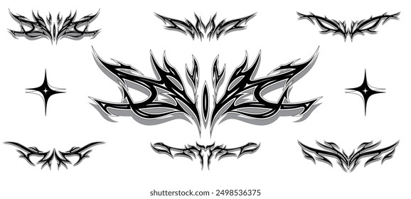 Neo tribal tattoo gothic clipart set. Y2k symmetry abstract wing shape. Black and white illustration