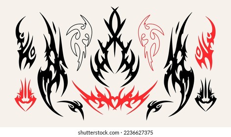 Neo Tribal Tätowierungsset. Abstrakte ethnische Formen, Ornamente. Handgezeichnete moderne Vektorgrafik. Isolierte Design-Elemente, Tätowierungsvorlagen. 