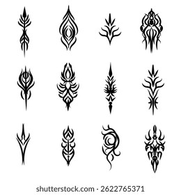 Neo tribal tattoo set - black symmetric decorative ethnic graphic elements collection. Stylized thorny , swirling pointed shapes, ornamental abstracted designs vector flat