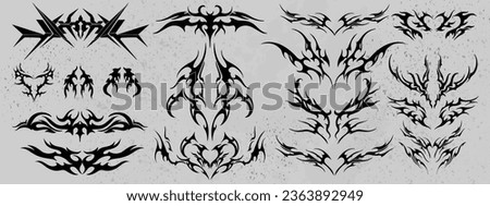 Neo tribal tattoo set, Celtic gothic cyber body ornament shapes kit, vector abstract Hawaiian sign. Maori sleeve symbol y2k Polynesian metal abstract symmetry swirl wing. Neo tribal silhouette clipart