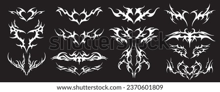 Neo tribal tattoo set, gothic cyber body ornament shapes kit, Celtic vector abstract Hawaiian sign. Maori sleeve symbol y2k Polynesian metal abstract symmetry swirl wing. Neo tribal silhouette clipart