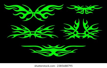 Neo tribal tattoo set, neon Celtic gothic cyber body ornament shapes kit, abstract Hawaiian sign. Maori sleeve symbol y2k Polynesian metal abstract symmetry swirl wing. Vector silhouette clipart