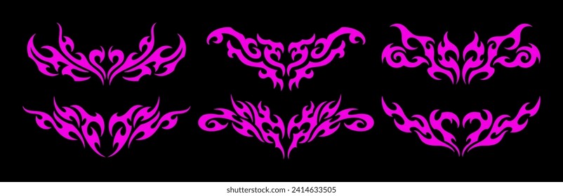 Neo Tribal Tattoo Set. Y2K Tattoo Hearts. Vector Pink Gothic Acid Elements in Cyberpunk 2000s Style for Poster, T shirt Print, Stickers, Web Design, Social Media