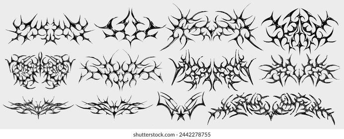 Neo Tribal Tattoo Shapes Collection. Set Of Cyber Sigilism Y2k Streetwear Elements Vector Design. Dirty Death Metal Band Logo Sign.